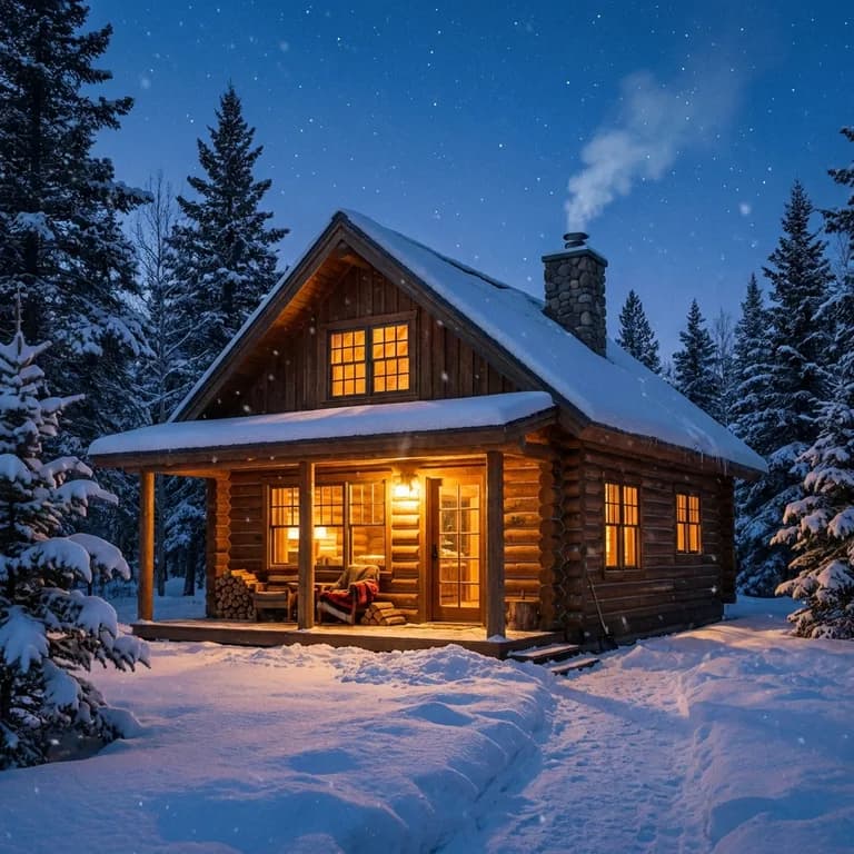 уютная хижина в снегу, вечер